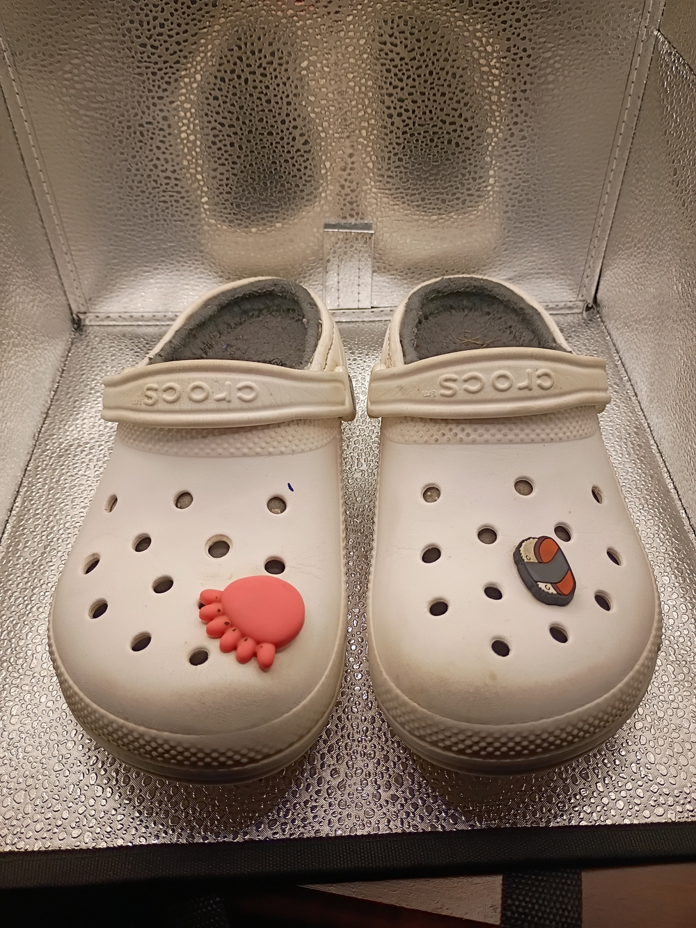 White Lined Crocs